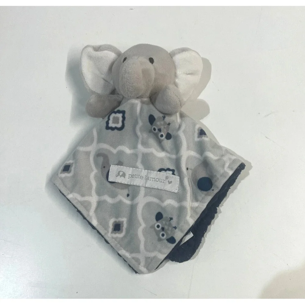 Petite L'amour Gray‎ Blue Elephant Owl Baby Security Blanket Lovey Lovie Sherpa